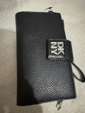 DKNY Black Pebbled Leather Zip Wristlet with Logo Snap Closure
